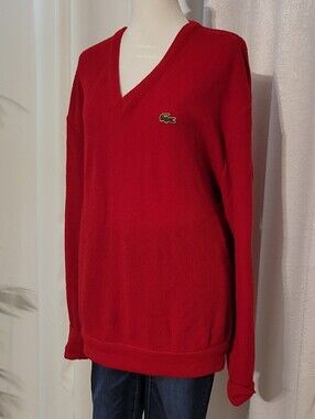 Lacoste Women's Bright Red V-Neck Sweater with Crocodile Logo XL